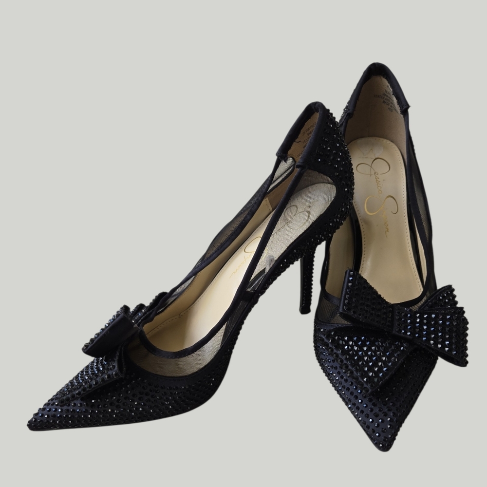 Jessica Simpson Black Rhinestone Bow Pointed Toe Heels 9M